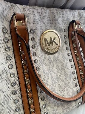 Michael Kors | Vanilla MK Monogram & Brown Leather Trim Bag
